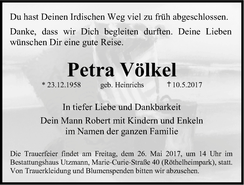  Traueranzeige für Petra Völkel vom 20.05.2017 aus Erlanger Nachrichten Lokal