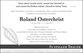 Traueranzeige von Roland Osterchrist von Gesamtausgabe Nürnberger Nachrichten/ Nürnberger Ztg.