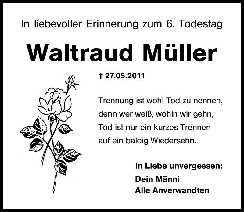  Traueranzeige für Waltraud Müller vom 27.05.2017 aus Schwabach