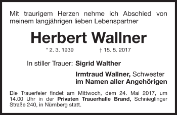 Traueranzeige von Herbert Wallner von Gesamtausgabe Nürnberger Nachrichten/ Nürnberger Ztg.