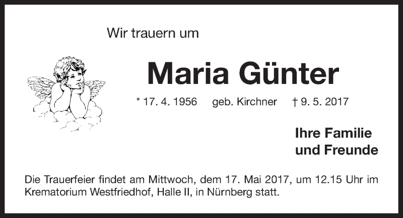  Traueranzeige für Maria Günter vom 13.05.2017 aus Gesamtausgabe Nürnberger Nachrichten/ Nürnberger Ztg.