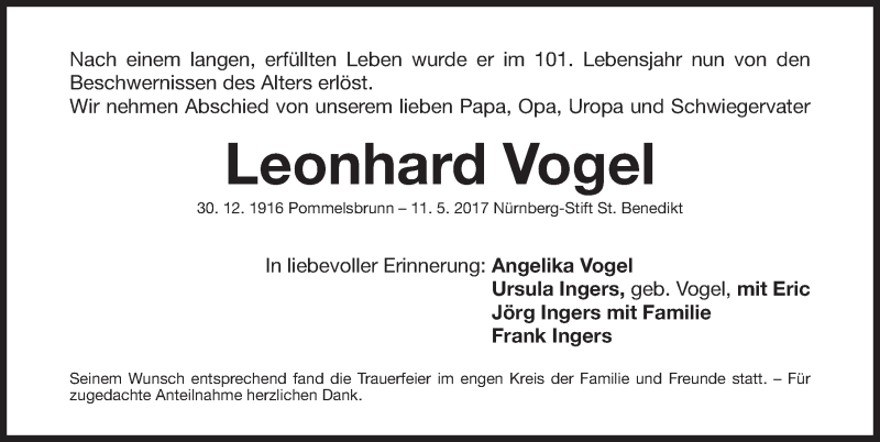  Traueranzeige für Leonhard Vogel vom 20.05.2017 aus Gesamtausgabe Nürnberger Nachrichten/ Nürnberger Ztg.