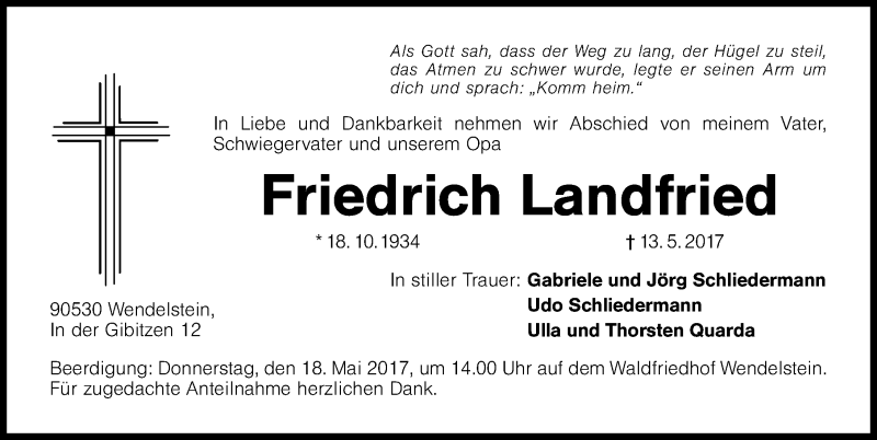  Traueranzeige für Friedrich Landfried vom 17.05.2017 aus Schwabach