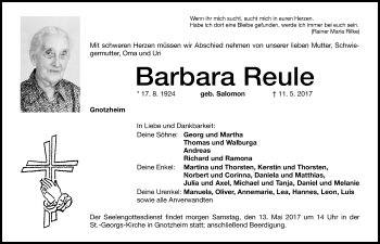 Traueranzeige von Barbara Reule von Altmühl-Bote Lokal