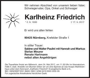 Traueranzeige von Karlheinz Friedrich von Gesamtausgabe Nürnberger Nachrichten/ Nürnberger Ztg.