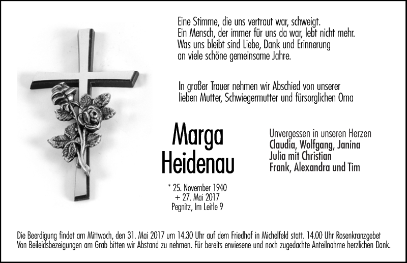  Traueranzeige für Marga Heidenau vom 30.05.2017 aus Nordbayerische Nachrichten Pegnitz Lokal
