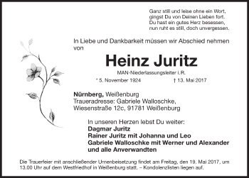 Traueranzeige von Heinz Juritz von Gesamtausgabe Nürnberger Nachrichten/ Nürnberger Ztg.