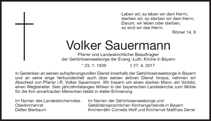  Traueranzeige für Volker Sauermann vom 03.05.2017 aus Gesamtausgabe Nürnberger Nachrichten/ Nürnberger Ztg.