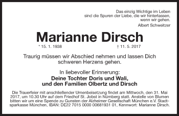 Traueranzeige von Marianne Dirsch von Gesamtausgabe Nürnberger Nachrichten/ Nürnberger Ztg.
