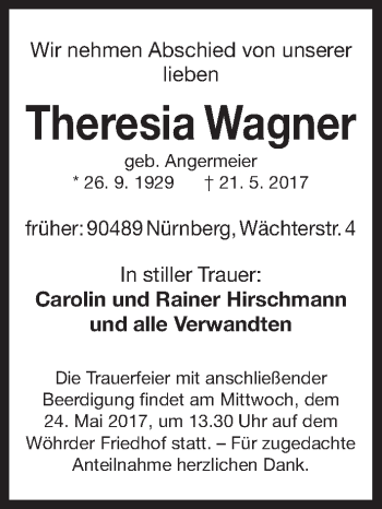 Traueranzeige von Theresia Wagner von Gesamtausgabe Nürnberger Nachrichten/ Nürnberger Ztg.