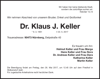 Traueranzeige von Klaus J. Keller von Gesamtausgabe Nürnberger Nachrichten/ Nürnberger Ztg.