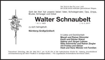Traueranzeige von Walter Schnaubelt von Gesamtausgabe Nürnberger Nachrichten/ Nürnberger Ztg.