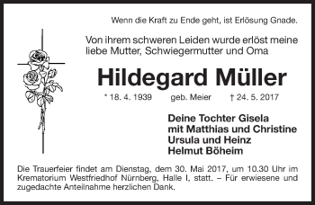 Traueranzeige von Hildegard Müller von Gesamtausgabe Nürnberger Nachrichten/ Nürnberger Ztg.