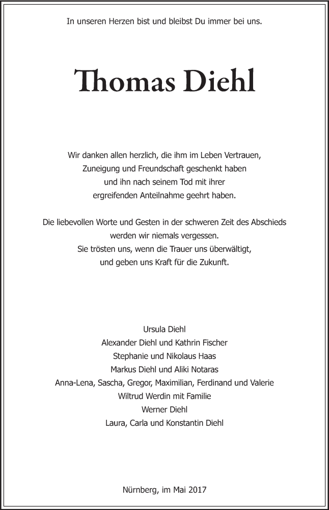  Traueranzeige für Thomas Diehl vom 20.05.2017 aus Gesamtausgabe Nürnberger Nachrichten/ Nürnberger Ztg.