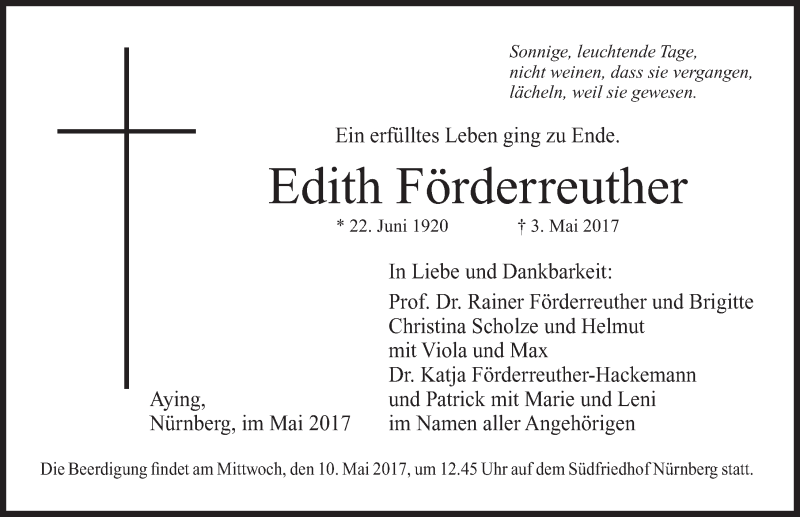  Traueranzeige für Edith Förderreuther vom 06.05.2017 aus Gesamtausgabe Nürnberger Nachrichten/ Nürnberger Ztg.