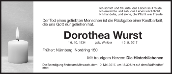Traueranzeige von Dorothea Wurst von Gesamtausgabe Nürnberger Nachrichten/ Nürnberger Ztg.