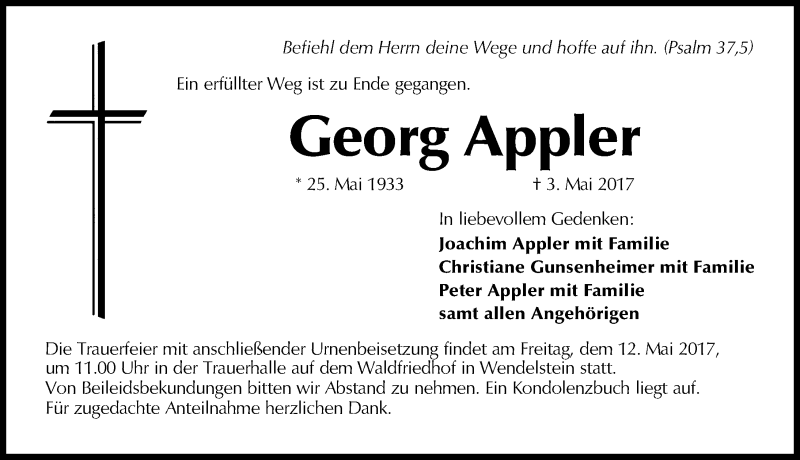  Traueranzeige für Georg Appler vom 10.05.2017 aus Schwabach