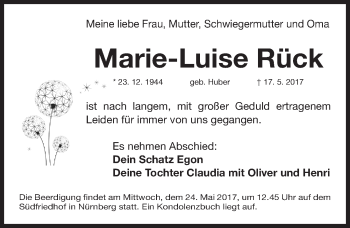 Traueranzeige von Marie-Luise Rück von Gesamtausgabe Nürnberger Nachrichten/ Nürnberger Ztg.