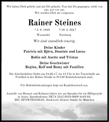 Traueranzeige von Rainer Steines von Gesamtausgabe Nürnberger Nachrichten/ Nürnberger Ztg.