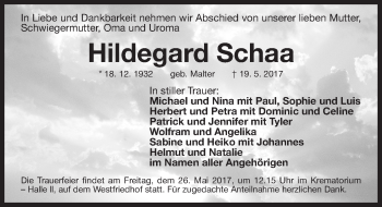 Traueranzeige von Hildegard Schaa von Gesamtausgabe Nürnberger Nachrichten/ Nürnberger Ztg.