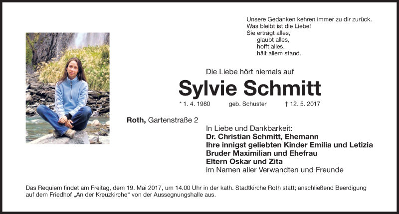  Traueranzeige für Sylvie Schmidt vom 17.05.2017 aus Roth-Hilpoltsteiner Volkszeitung Lokal