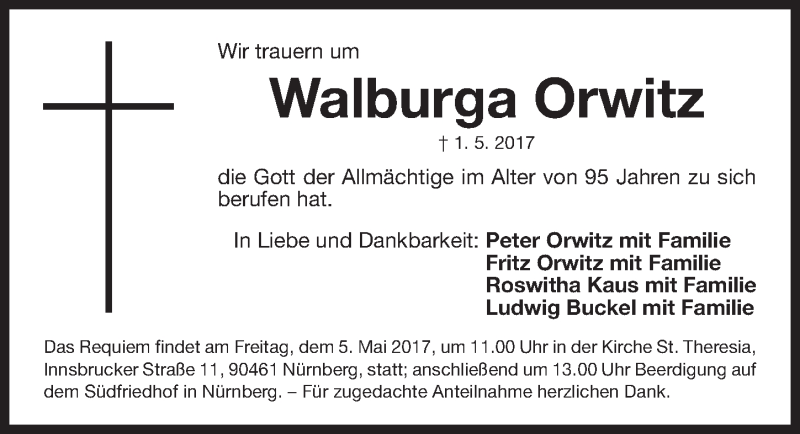  Traueranzeige für Walburga Orwitz vom 03.05.2017 aus Gesamtausgabe Nürnberger Nachrichten/ Nürnberger Ztg.