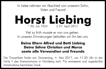 Traueranzeige von Horst Liebing von Gesamtausgabe Nürnberger Nachrichten/ Nürnberger Ztg.