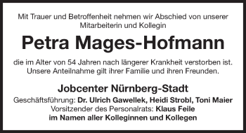 Traueranzeige von Petra Mages-Hofmann von Gesamtausgabe Nürnberger Nachrichten/ Nürnberger Ztg.