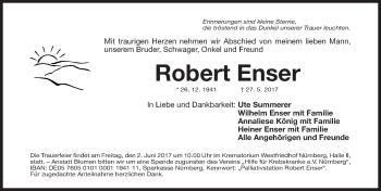 Traueranzeige von Robert Enser von Gesamtausgabe Nürnberger Nachrichten/ Nürnberger Ztg.