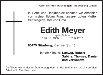 Traueranzeige von Edith Meyer von Gesamtausgabe Nürnberger Nachrichten/ Nürnberger Ztg.