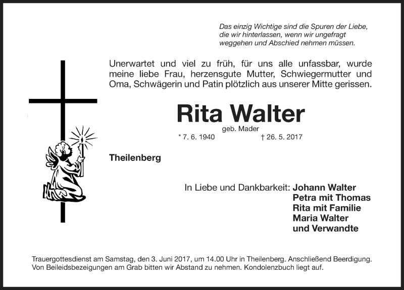  Traueranzeige für Rita Walter vom 31.05.2017 aus Roth-Hilpoltsteiner Volkszeitung Lokal