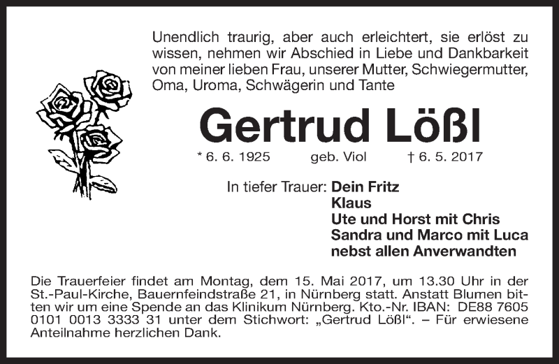  Traueranzeige für Gertrud Lößl vom 10.05.2017 aus Gesamtausgabe Nürnberger Nachrichten/ Nürnberger Ztg.