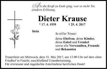 Traueranzeige von Dieter Krause von Gesamtausgabe Nürnberger Nachrichten/ Nürnberger Ztg.