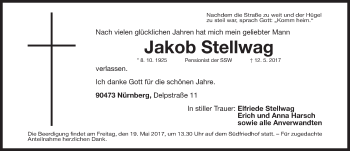 Traueranzeige von Jakob Stellwag von Gesamtausgabe Nürnberger Nachrichten/ Nürnberger Ztg.