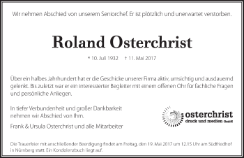 Traueranzeige von Roland Osterchrist von Gesamtausgabe Nürnberger Nachrichten/ Nürnberger Ztg.