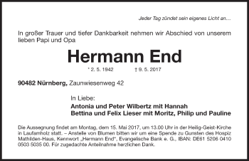 Traueranzeige von Hermann End von Gesamtausgabe Nürnberger Nachrichten/ Nürnberger Ztg.