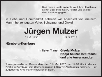 Traueranzeige von Jürgen Mulzer von Gesamtausgabe Nürnberger Nachrichten/ Nürnberger Ztg.