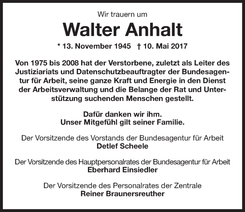 Traueranzeige für Walter Anhalt vom 16.05.2017 aus Gesamtausgabe Nürnberger Nachrichten/ Nürnberger Ztg.