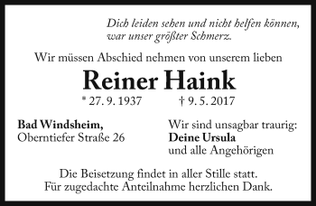 Traueranzeige von Reiner Haink von Gesamtausgabe Nürnberger Nachrichten/ Nürnberger Ztg.