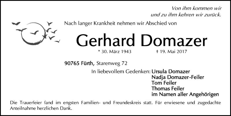  Traueranzeige für Gerhard Domazer vom 27.05.2017 aus Fürther Nachrichten Lokal
