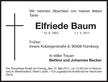 Traueranzeige von Elfriede Baum von Gesamtausgabe Nürnberger Nachrichten/ Nürnberger Ztg.