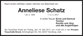 Traueranzeige von Anneliese Schatz von Gesamtausgabe Nürnberger Nachrichten/ Nürnberger Ztg.