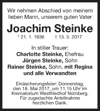 Traueranzeige von Joachim Steinke von Gesamtausgabe Nürnberger Nachrichten/ Nürnberger Ztg.