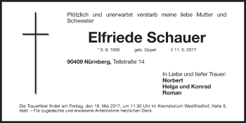 Traueranzeige von Elfriede Schauer von Gesamtausgabe Nürnberger Nachrichten/ Nürnberger Ztg.