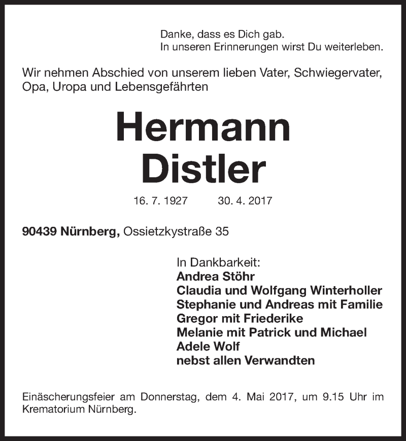  Traueranzeige für Hermann Distler vom 03.05.2017 aus Gesamtausgabe Nürnberger Nachrichten/ Nürnberger Ztg.