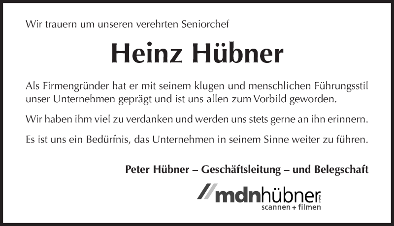  Traueranzeige für Heinz Hübner vom 06.05.2017 aus Gesamtausgabe Nürnberger Nachrichten/ Nürnberger Ztg.