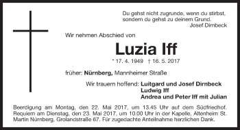 Traueranzeige von Luzia Iff von Gesamtausgabe Nürnberger Nachrichten/ Nürnberger Ztg.