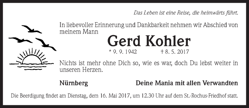  Traueranzeige für Gerd Kohler vom 13.05.2017 aus Gesamtausgabe Nürnberger Nachrichten/ Nürnberger Ztg.