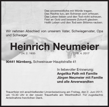Traueranzeige von Heinrich Neumeier von Gesamtausgabe Nürnberger Nachrichten/ Nürnberger Ztg.