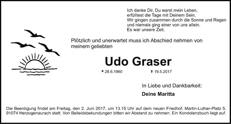  Traueranzeige für Udo Graser vom 01.06.2017 aus Erlanger Nachrichten Lokal